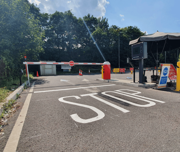 Photograph of the HWRC QR code barrier in place in Swindon