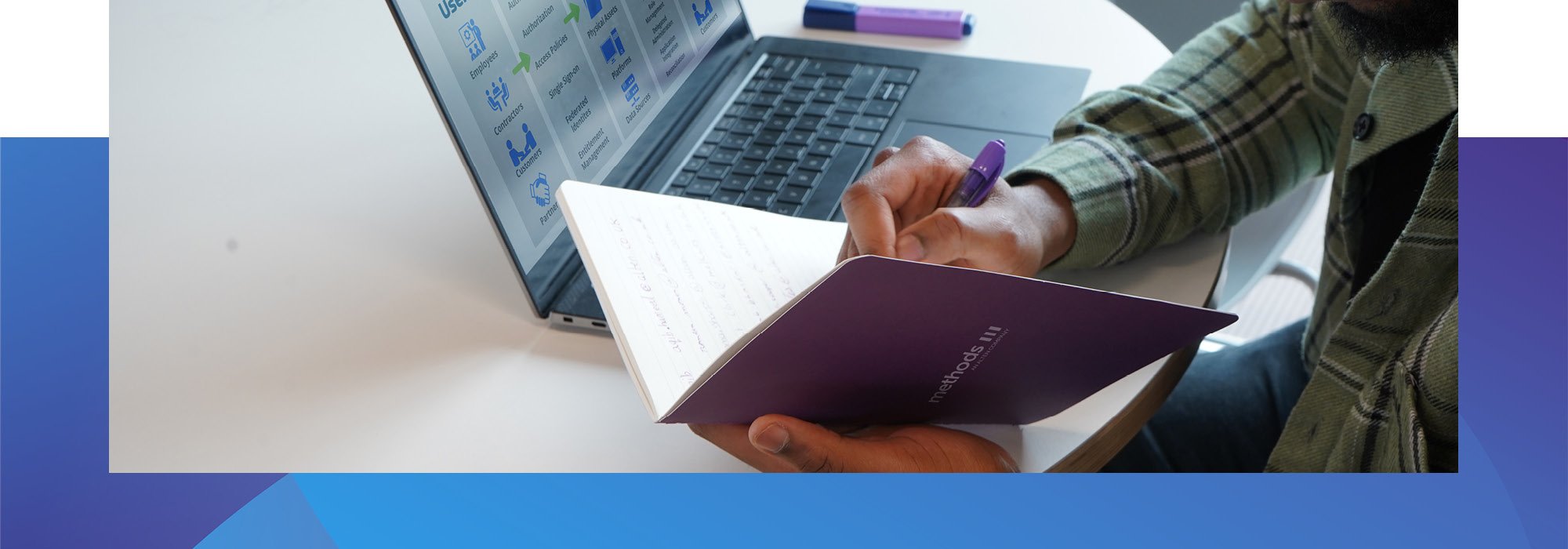 Decorative photo of a Methods employee writing on a notebook on a desk in the Methods office