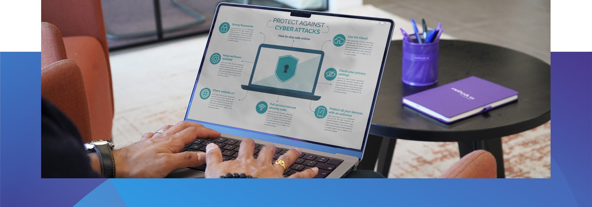 Decorative photo of a Methods employee typing on a laptop on a desk in the Methods office