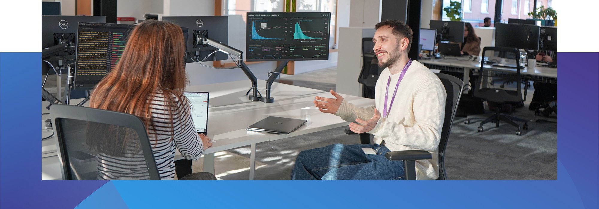 Decorative photo of Methods employees having a pleasant team one to one discussion in the Methods office